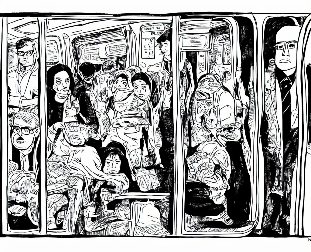 Prompt: a highly detailed line drawing in the style of Daniel Clowes and Adrian Tomine and Gabrielle Bell, 3/4 view wide shot framed on two people: a sad woman in a parka who looks like Aubrey Plaza, sitting near a slightly overweight friendly middle-aged German businessman in a suit, with short blond hair and mustache, in a mostly empty Chicago subway train