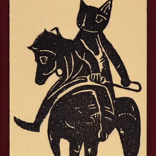 Prompt: cat riding a horse, wood block print