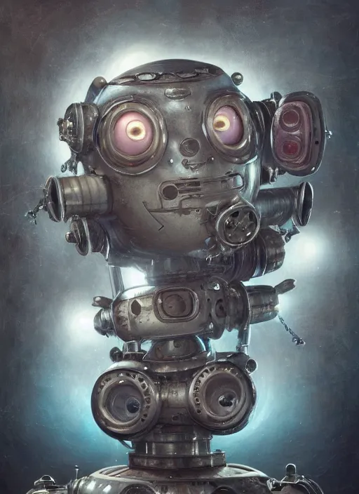 Prompt: highly detailed closeup, portrait of a retro robot deep sea diving, unreal engine, nicoletta ceccoli, mark ryden, earl norem, lostfish, global illumination, detailed and intricate environment