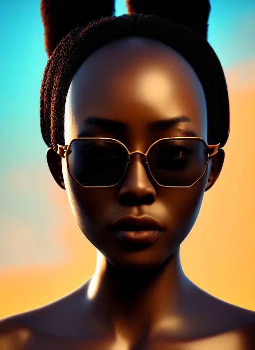 Image similar to attractive female portrait of african samurai, wearing shades, wearing gui, amber sky cloud background, rule of thirds, uplight, intricate, symmetrical!!, depth of field, cinematic, filmic, vsco, concept art, artstation, digital painting, elegant, vouge, magazine cover, epic, focus, octane render, vray render, arnold render,