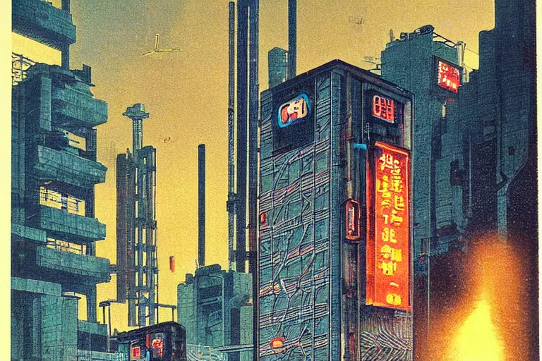 Image similar to 1 9 7 9 omni magazine cover of gate tower building off - ramp in fukushima. in cyberpunk style by vincent di fate