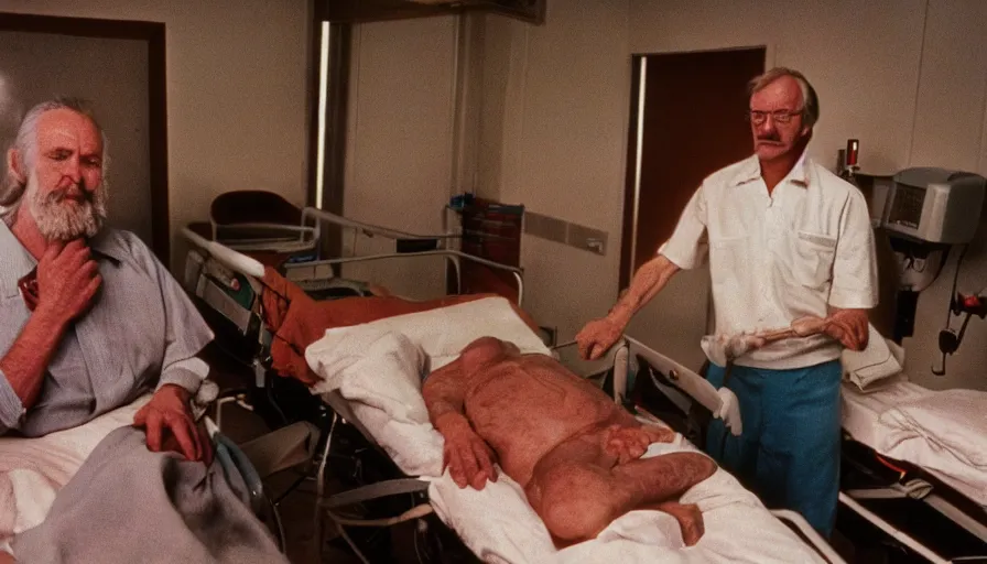 Prompt: 7 0 s movie still of a old meat man in the hospital, cinestill 8 0 0 t 3 5 mm eastmancolor, heavy grain, high quality, high detail