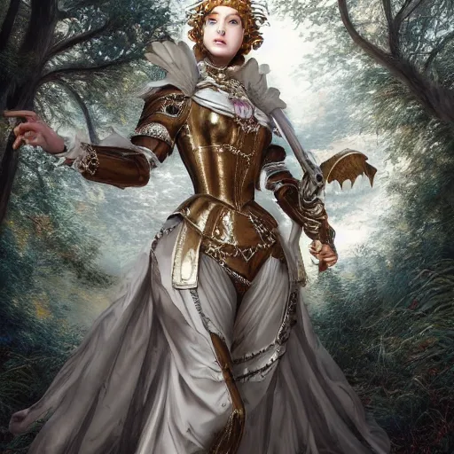 Image similar to A masterpiece ultrarealistic ultradetailed portrait of a Incredibly beautiful angel armored princess knight with Iron mask. baroque renaissance girl in the forest. medium shot, intricate, elegant, highly detailed. trending on artstation, digital art, by Stanley Artgerm Lau, WLOP, Rossdraws, James Jean, Andrei Riabovitchev, Marc Simonetti, Yoshitaka Amano. background by James Jean and Gustav Klimt, light by Julie Bell, 4k, porcelain skin. BY ZDIZISLAW BEKSINSKI Cinematic concept art