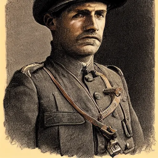 Prompt: a detailed photorealistic sepia - toned color line drawing of a 1 9 1 7 worried clean - shaven british lieutenant in detailed field gear not wearing a hat in wadi rum, ultra realistic, painted, intricate details, symmetrical features, lovecraft, atmospheric, dark, horror, brooding, highly detailed, by clyde caldwell