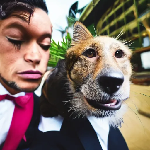 Prompt: Dog, cat and monkey in suits taking selfie.