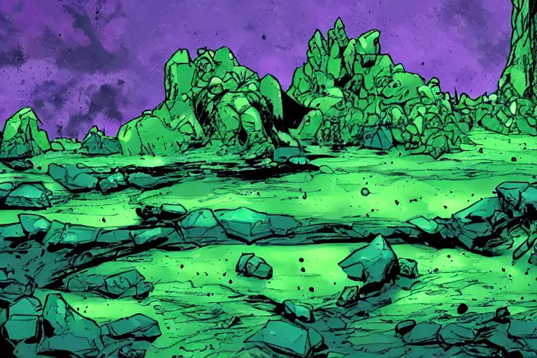 Image similar to glowing green rocks, toxic sludge, like where the hulk would live, landscape, comic book art style