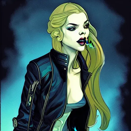 Image similar to rafael albuquerque comic art, art nouveau, peter mohrbacher, artgerm, pretty anya taylor - joy vampire sharp vampire teeth open mouth, black leather jacket, jeans, long blonde hair, full body