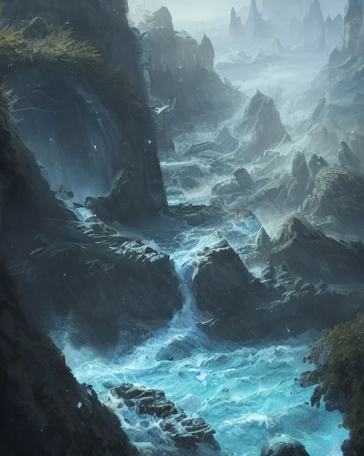 Image similar to cascade de surpris, blue sea, environment art, fantasy art, landscape art, in the style of greg rutkowski, illustration, epic, fantasy, intricate, hyper detailed, artstation, concept art, smooth, sharp focus, ray tracing