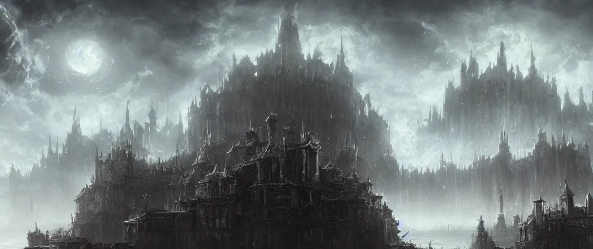 Prompt: large floating cities on top of huge floating islands, terrain visible from beneath, in the clouds, concept art, digital painting, in the style of Bloodborne, dark souls, demon souls, dark, night time, volumetric lighting, large scale, high detail, trending on art station, view from afar