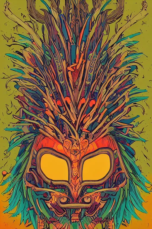 Image similar to animal mask totem roots flower tribal feather gemstone plant wood rock shaman vodoo video game vector cutout illustration vivid multicolor borderlands comics by josan gonzales and dan mumford radiating a glowing aura