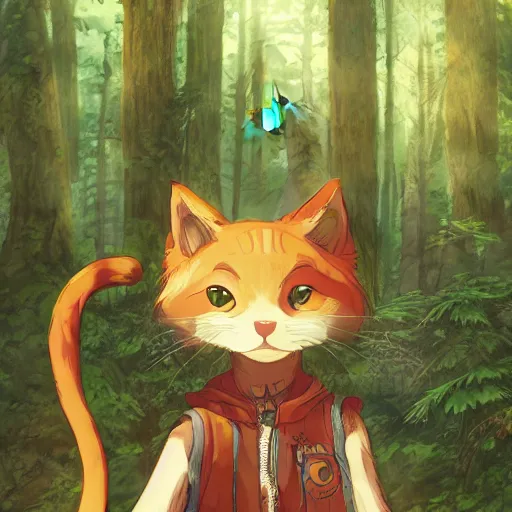 Image similar to character portrait of the anthro anthropomorphic cat head animal person fursona standing in the bright forest, hidari, color page, tankoban, 4 k, tone mapping, akihiko yoshida