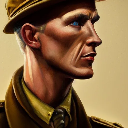 Prompt: A Hearts of Iron IV portrait of a blonde German actor with high cheekbones. Good bone structure. Dressed in 1940s style. Highly detailed, fine Art, high detail, great lighting, 8k resolution, masterpiece, concept art, illustration, clear eyes, painting oil on canvas, octane render, HDR, trending on artstation, 4k, 8k, HD