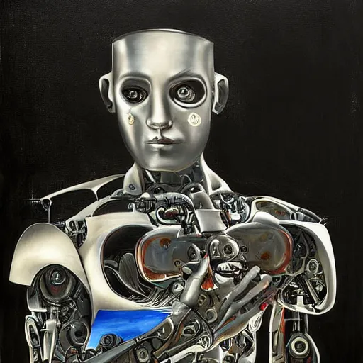 Image similar to half cyborg robot half human boy, surrealism painting art