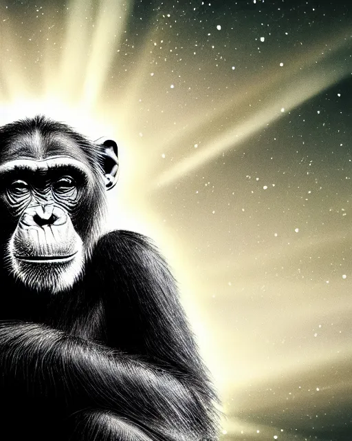 Prompt: very detailed high resolution illustration of a chimpanzee, backlit, stars, night, surrounded, 3 d, 8 k, extremely detailed, artstation, award winning