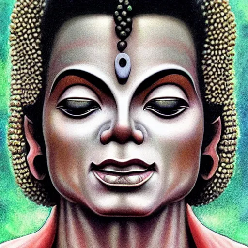 Image similar to michael jackson as buddha follower. matte, facial features, symmetrical anatomy, hyperdetailed, digital art, baroque, pop punk art style, fantasy, body features, posse features, without duplication, art by artgerm and ilya kuvshinov and vinicius gud and gustavo zambelli, intricate, photoshop render.