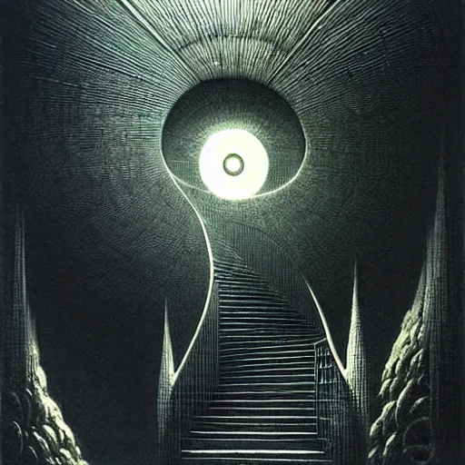 Image similar to big spiral stairways, inhabited on many levels, there are many doors, flying birds, by beksinski, shining light, strong perspective, clear geometry, architecture, Award winning. Masterpiece, detailed illustration