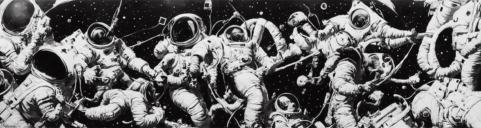 Image similar to astronauts playing music in the space by frank frazetta