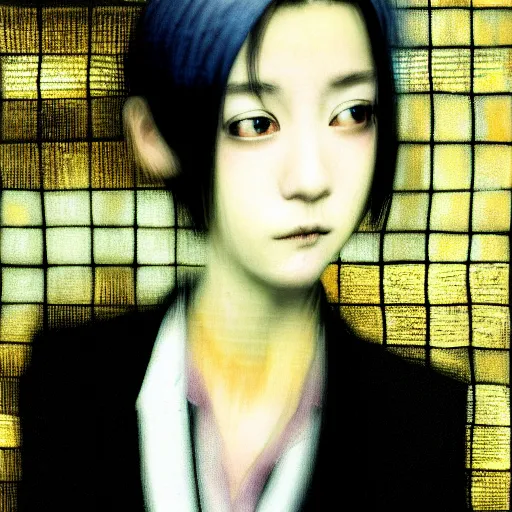 Image similar to yoshitaka amano blurred and dreamy realistic three quarter angle portrait of a young woman with short hair and black eyes wearing office suit with tie, junji ito abstract patterns in the background, satoshi kon anime, noisy film grain effect, highly detailed, renaissance oil painting, weird portrait angle, blurred lost edges