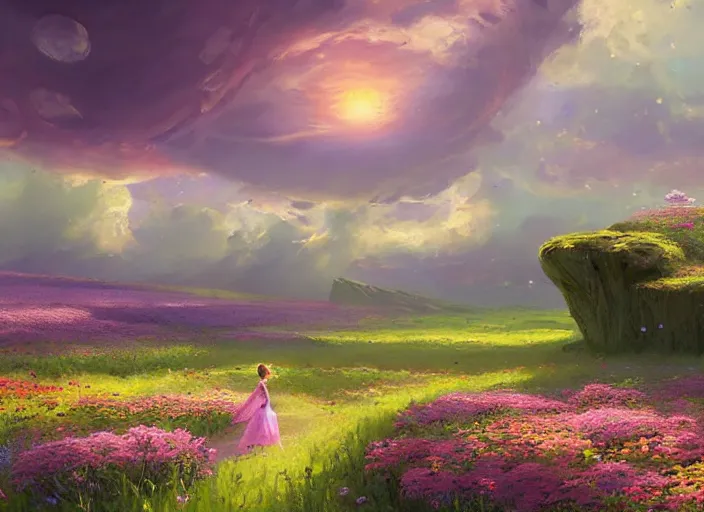 Image similar to a lone princess walks through a vast flower field in the cosmic sky by vladimir volegov and alexander averin and peder mørk mønsted and ross tran and raphael lacoste