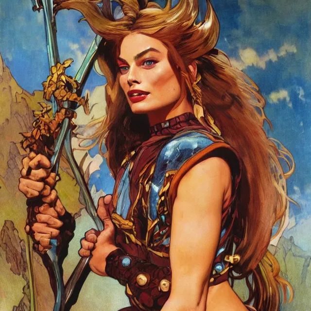 Image similar to an aesthetic!, detailed portrait of margot robbie dressed as a barbarian for marvel studios, action movie still, by frank frazetta and alphonse mucha, oil on canvas, bright colors, art nouveau, epic composition, dungeons & dragons, fantasy art, hd, god rays, ray tracing, crisp contour lines, huhd - 8 k