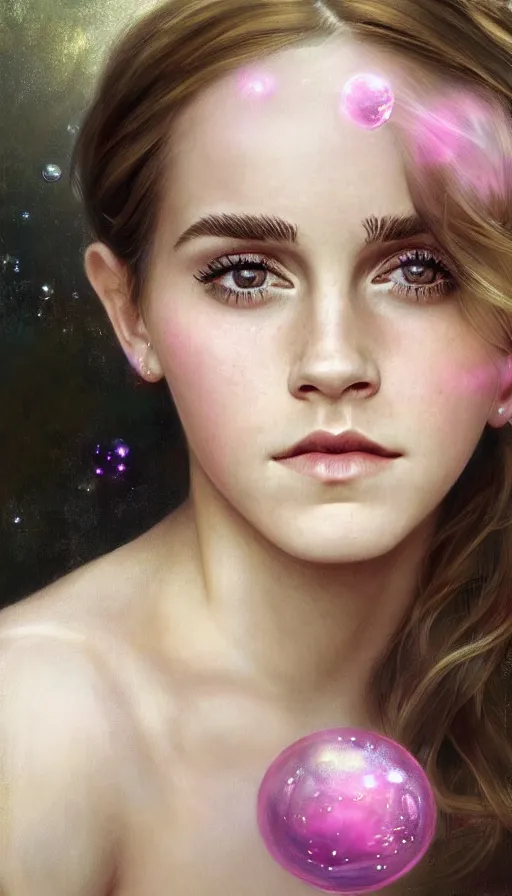 Prompt: photorealistic portrait of magical Emma Watson, dreamy and ethereal, expressive pose, big pink eyes, peaceful expression, ornate frilly dress, fantasy, intricate, elegant, many rainbow bubbles, rose tones, highly detailed, digital painting, artstation, concept art, smooth, sharp focus, illustration, art by artgerm and greg rutkowski and alphonse mucha