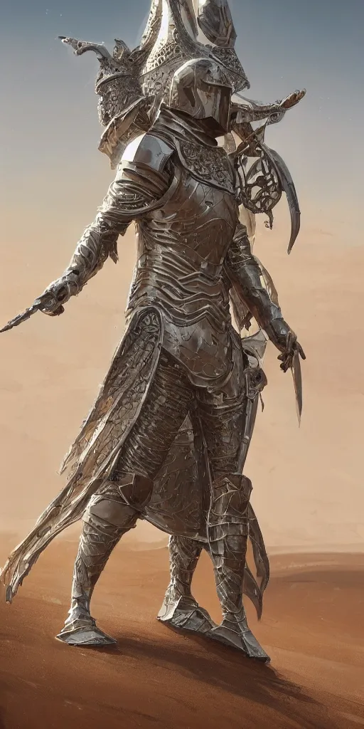 Prompt: a knight in crystal armor in the desert surrounded by sand dunes, greg rutkowski, 8 k, shallow depth of field, intricate detail, concept art,