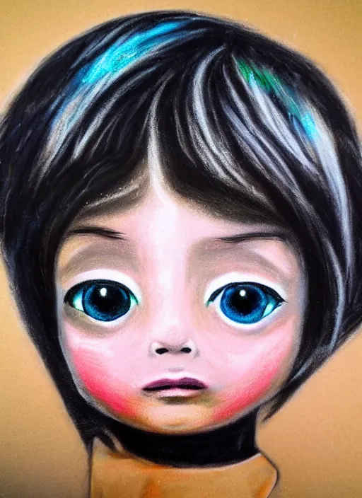 Prompt: chalk painting of a realistic android child with big round eyes, thin lips, wide nose and long hair