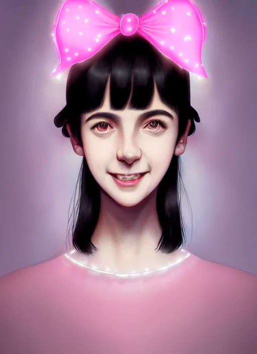 Image similar to portrait of high school girl, realistic, black hair, bangs, half updo hairstyle, pointy nose, skinny, smile, ugly, defined jawline, big chin, pink hair bow, earrings, intricate, elegant, glowing lights, highly detailed, digital painting, artstation, sharp focus, illustration, art by wlop, mars ravelo and greg rutkowski