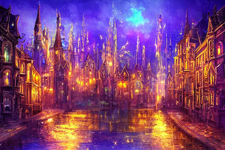 Prompt: arcane cityscape, floating gothic buildings shimmer with iridescent magical lights, digital art, fantasy