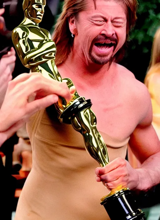 Prompt: a hyper realistic ultra realistic photograph of Joe Dirt winning an oscar, highly detailed, 8k photo