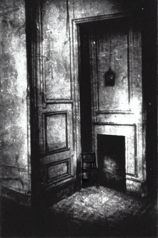 Image similar to Black and white camera obscura image of creepy room, 1910s paris, scary, horror, dark mood