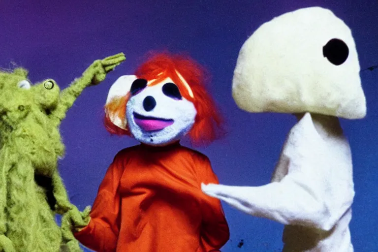 Prompt: a color still from a weird 1972 kids tv show where a sad cheese puppet and a furry ghost have a tickle party with death tent, grunge, horror, distressed, wet