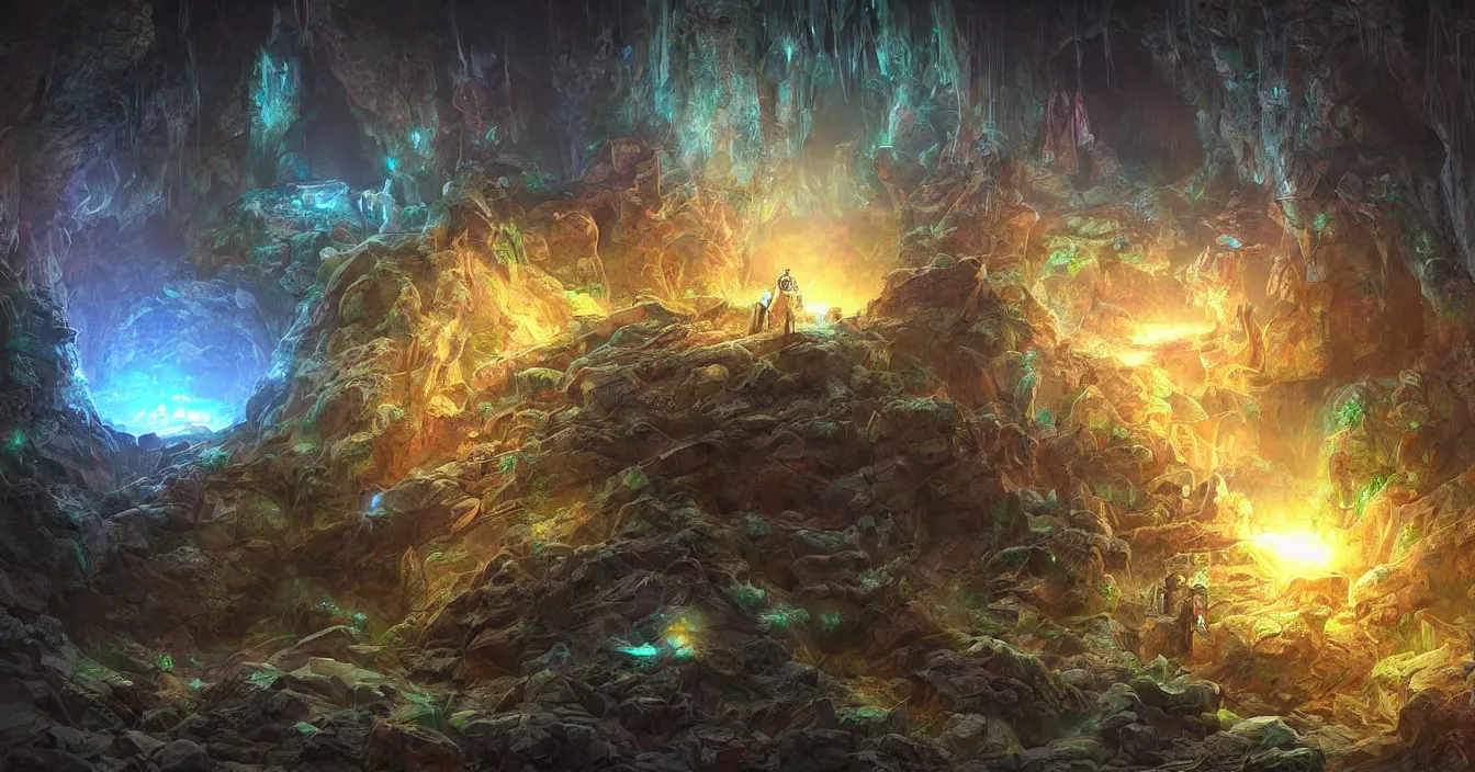 Prompt: futuristic archaeologists are excavating buried alien nest hidden in deep dark wet cave, deep sense of horror atmosphere, visual fidelity and plasticity, colorful digital art, vivid colors, in style of fenghua zhong