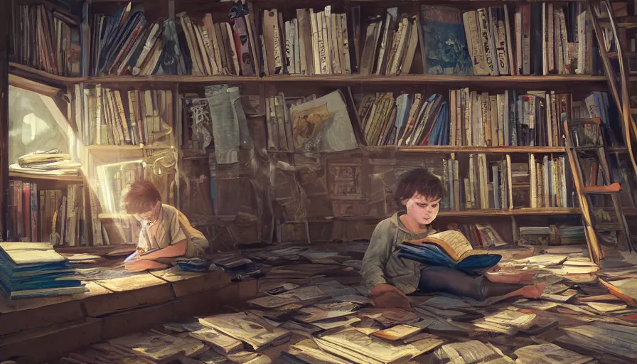 Prompt: Kid reading books sir on the floor of an abandoned attic with an old shelf of books, cobwebs and dust, hyperdetailed, artstation, cgsociety, 8k