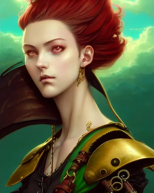 Prompt: a beautiful close up portrait 2D illustration of a young female steampunk pirate wearing leather armor on gold and red trimmings on green, by Charlie Bowater, tom bagshaw, Artgerm and Lois Van Baarle, beautiful anime face, very cool pose, pirate ship with an epic sky background, pondering face, smart look, cinematic anime lighting and composition, fantasy painting, very detailed, ornate, trending on artstation and pinterest, deviantart, google images