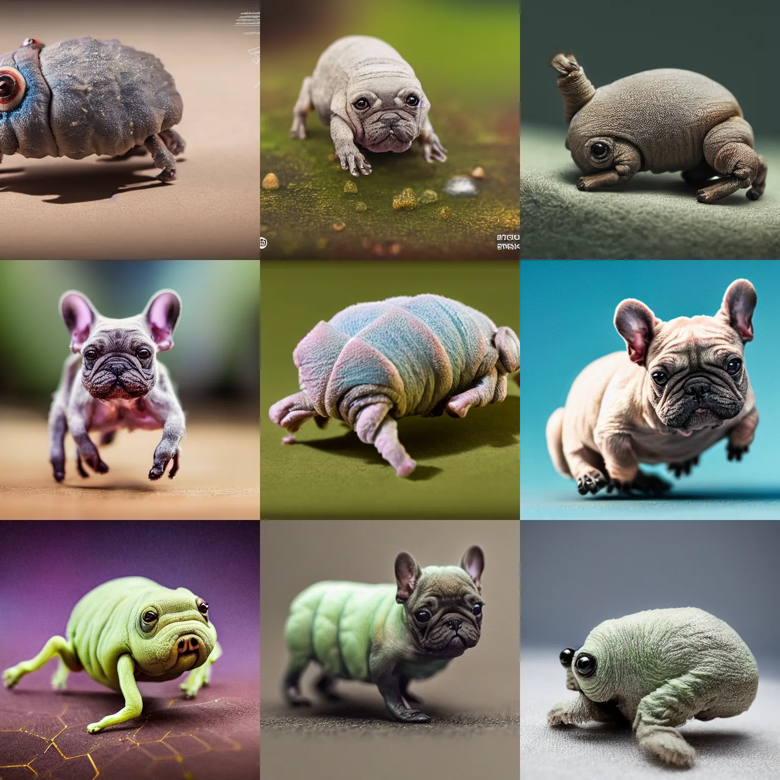 Prompt: Realistic photo of six-legged tardigrade frenchie hybrid, macro photography, hyper cute, microorganism, tilt shift, National Geographic, award winning, 4k definition,