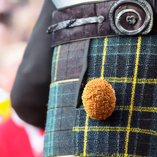 Prompt: close up photo of a miniature Scottish man in a kilt inside of a Scotch egg