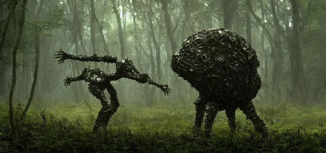 Image similar to a complex organic fractal 3 d metallic symbiotic ceramic humanoid megastructure creature in a swampy lush forest, foggy, cinematic shot, photo still from movie by denis villeneuve, wayne barlowe, sun rays