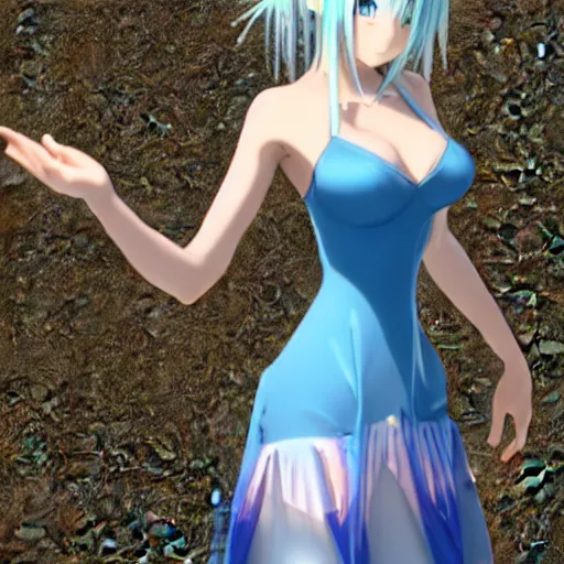 Image similar to a 3D render of a very beautiful anime girl wearing a dress made of water standing in a crystal lake , full body, long white hair with azure blue highlights blending into the dress , azure blue watery eyes, full round face, seductive over the shoulder glances , lens flare, cinematic lighting, golden hour, medium shot, mid-shot, auto-focus , highly realistically detailed, trending on artstation, Unreal Engine 4k, Stanley Artgerm Lau, WLOP, Rossdraws, James Jean, Andrei Riabovitchev, Marc Simonetti, and Sakimichan