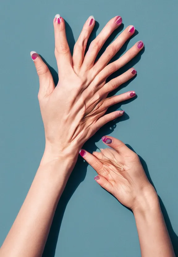 Prompt: photorealistic woman's palm, pov photo, skincare, studio photo, 9 0 mm, f / 1. 4