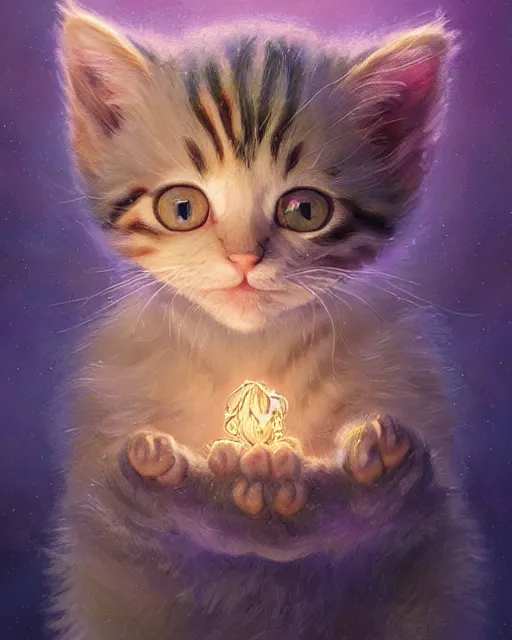 Image similar to an adorable kitten learning magic | highly detailed | very intricate | symmetrical | fantasy and whimsical and magical | soft cinematic lighting | disney pixar | award - winning | painted by donato giancola and paul lehr and ross tran | pastel color palette | featured on artstation