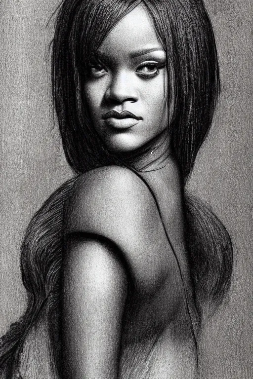 Image similar to a portrait of rihanna in the style of leonardo da vinci drawing,, single head, no double head,