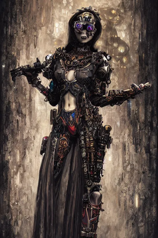 Prompt: beautiful young gothic maiden, cyberpunk, Warhammer 40000, highly detailed, artstation, illustration, art by Gustav Klimt