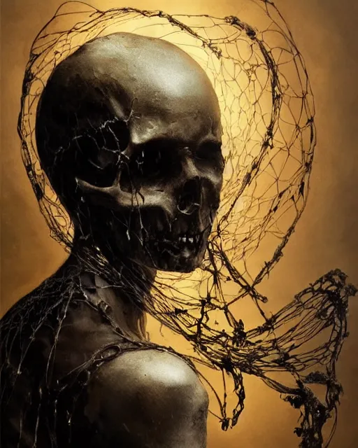Prompt: an angel with a skull made of meat and webs for the head, organic painting, dark, bold shapes, by greg rutkowski, by satoshi kon, by caravaggio, trending on artstation, dramatic lighting, horror, angelical