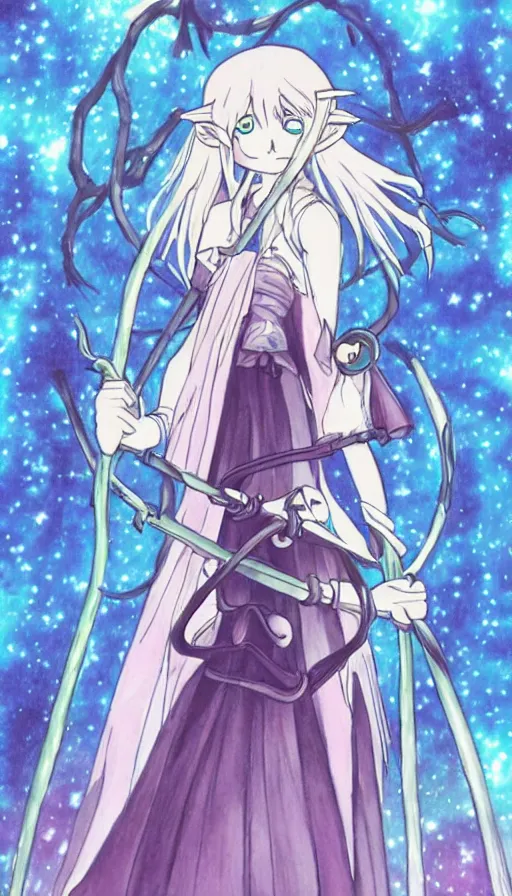 Image similar to a beautiful link drawing of the being death as a cute anime girl with a giant scythe from a studio ghibli film inspired by the death tarot card, dark vibes, pastel colors, cosmic, high quality