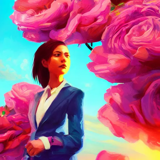 Image similar to closeup, gigantic rose flower head, frontal, girl in a suit, surreal photography, sunrise, blue sky, dramatic light, impressionist painting, digital painting, artstation, simon stalenhag