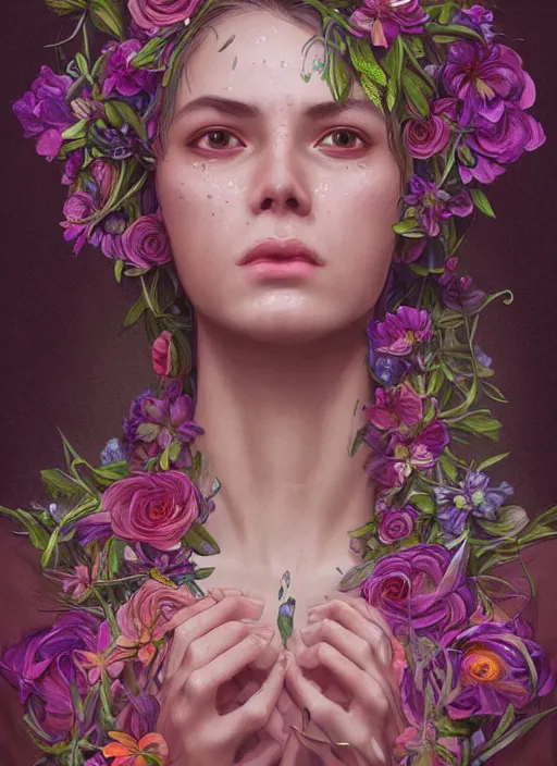 Image similar to portrait of androgynous face crying, flowers neon, fibonacci, sweat drops, insane, intricate, highly detailed, digital painting, artstation, concept art, smooth, sharp focus, illustration, Unreal Engine 5, 8K, art by artgerm and greg rutkowski and alphonse mucha