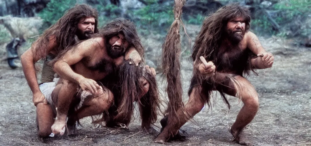 Prompt: caveman dragging a woman by her hair, a colorized photo, colorized, # film, movie still