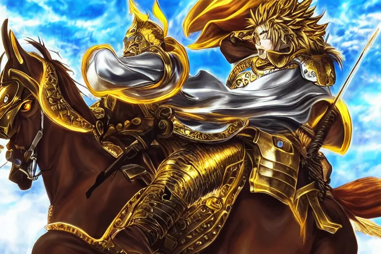 Image similar to an ultra detailed portrait of king richard the lionhearted as a paladin shonen anime protagonist charging into battle wearing bright gold armor and riding a horse blessed by god, epic anime fantasy, 8 k, volumetric lighting, smooth, highly detailed, digital illustration, art by kentaro miura and akira toriyama and artgerm