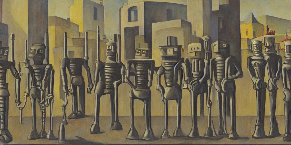 Image similar to row of robots guarding a brutalist castle, evil visages, dystopian, pj crook, edward hopper, oil on canvas